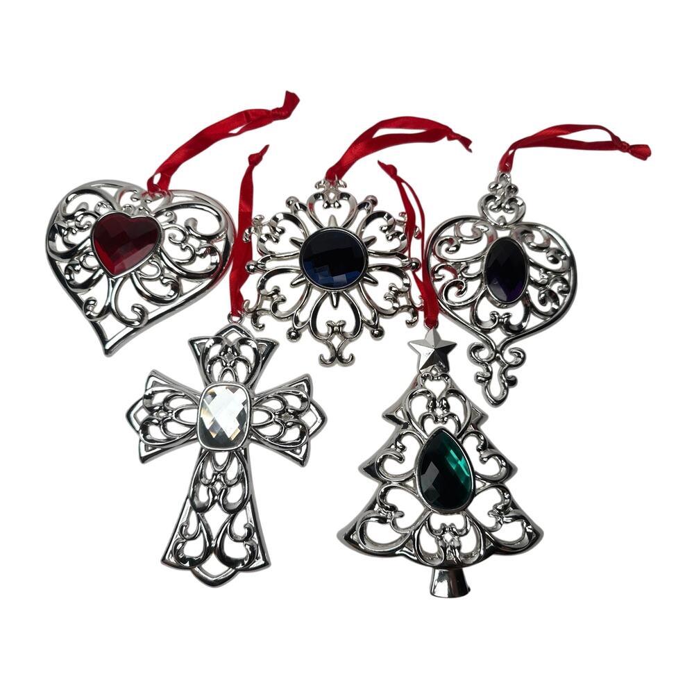 Lenox bejeweled ornaments, heart, snowflake, cross, tree, and spade